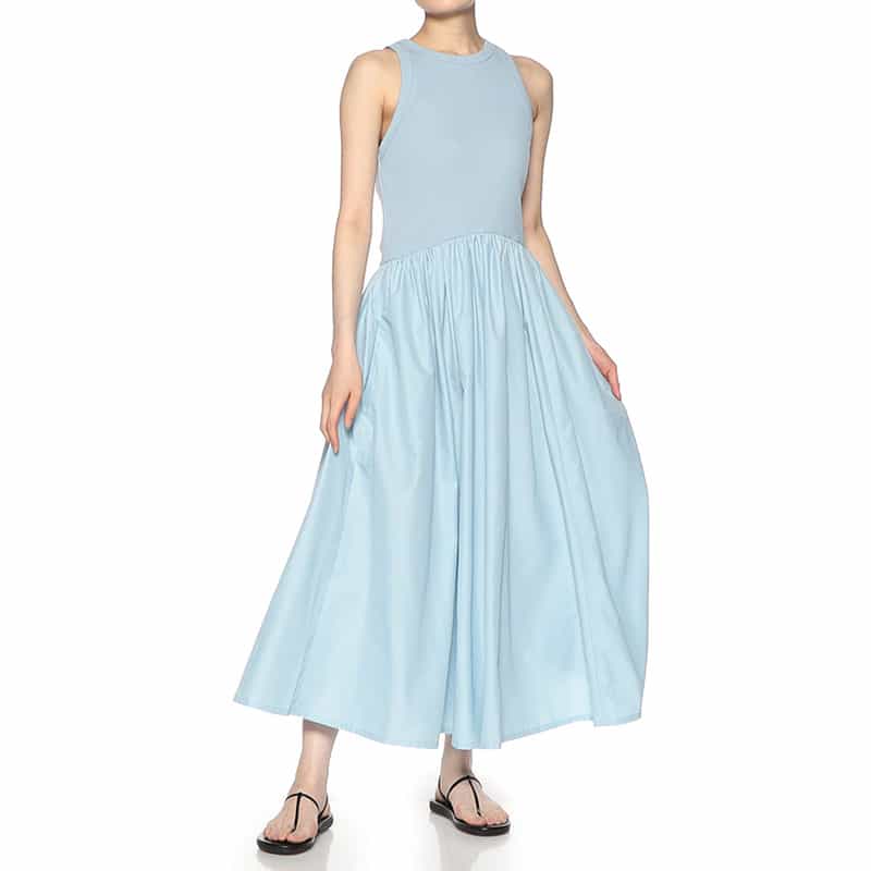 BARNEYS NEW YORK ウォッシャブル リブタンクトップ×フレア コンビネーションドレス LIGHT BLUE