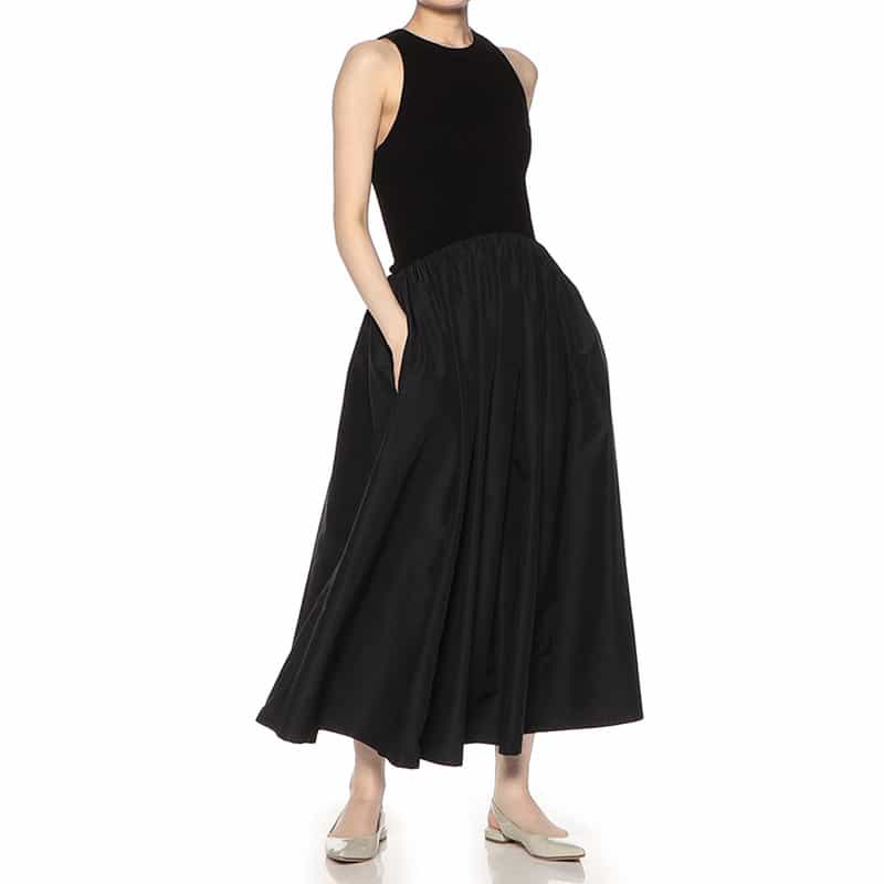 BARNEYS NEW YORK ウォッシャブル リブタンクトップ×フレア コンビネーションドレス BLACK