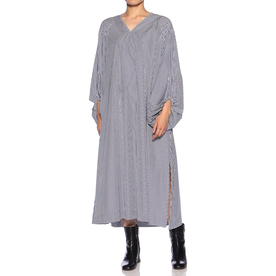 ウォッシャブル バルーンスリーブ ストライプ柄シャツドレス