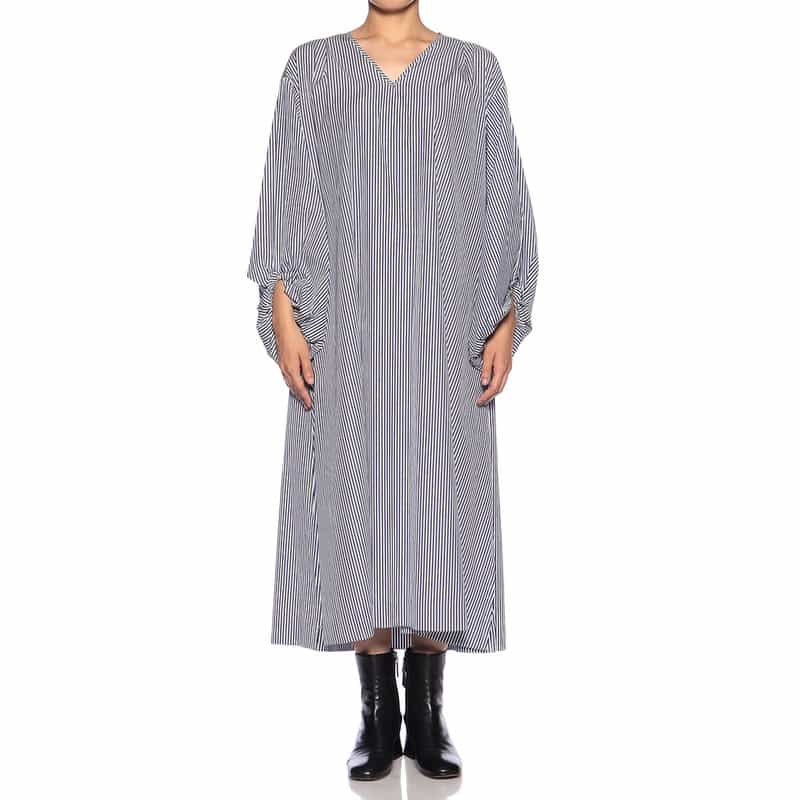 BARNEYS NEW YORK ウォッシャブル バルーンスリーブ ストライプ柄シャツドレス WHITE