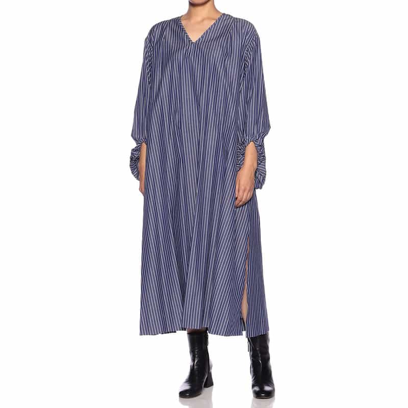 BARNEYS NEW YORK ウォッシャブル バルーンスリーブ ストライプ柄シャツドレス NAVY