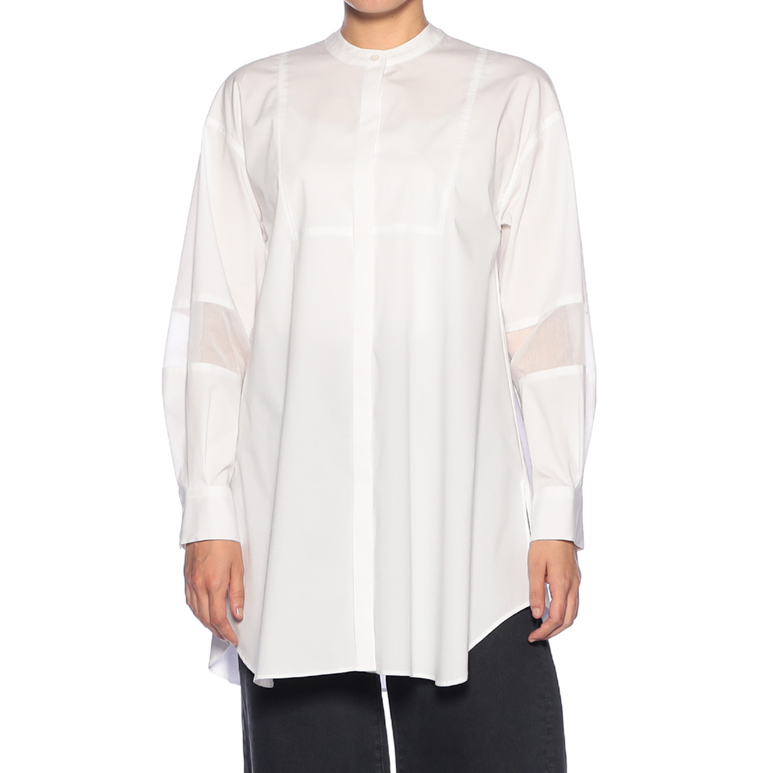 ウォッシャブル バンドカラー切替スリーブ シャツ