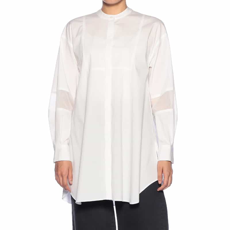 BARNEYS NEW YORK ウォッシャブル バンドカラー切替スリーブ シャツ WHITE