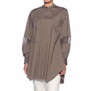 ウォッシャブル バンドカラー切替スリーブ シャツ