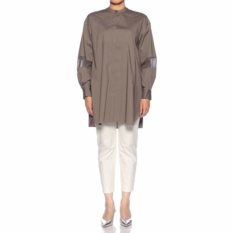 BARNEYS NEW YORK ウォッシャブル バンドカラー切替スリーブ シャツ BROWN