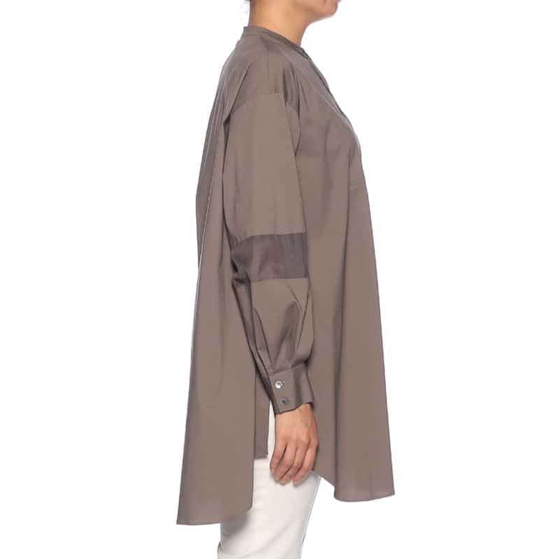 BARNEYS NEW YORK ウォッシャブル バンドカラー切替スリーブ シャツ BROWN