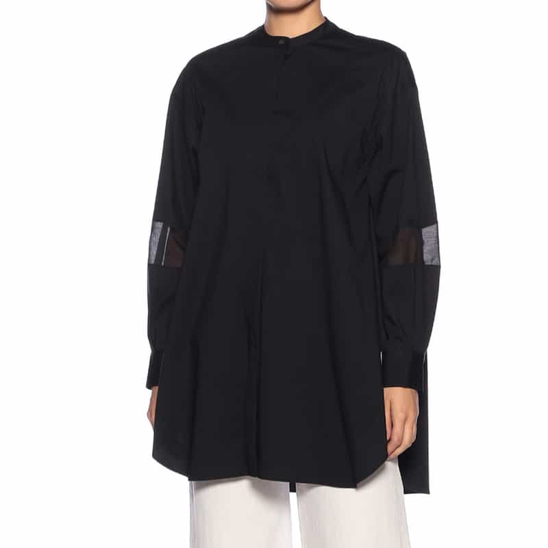 BARNEYS NEW YORK ウォッシャブル バンドカラー切替スリーブ シャツ BLACK