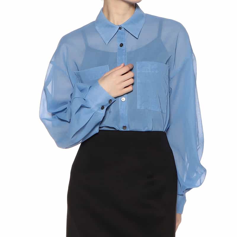 BARNEYS NEW YORK ウォッシャブル ボリュームスリーブ シアーブラウス BLUE