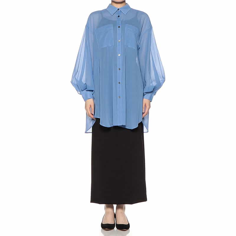 BARNEYS NEW YORK ウォッシャブル ボリュームスリーブ シアーブラウス BLUE