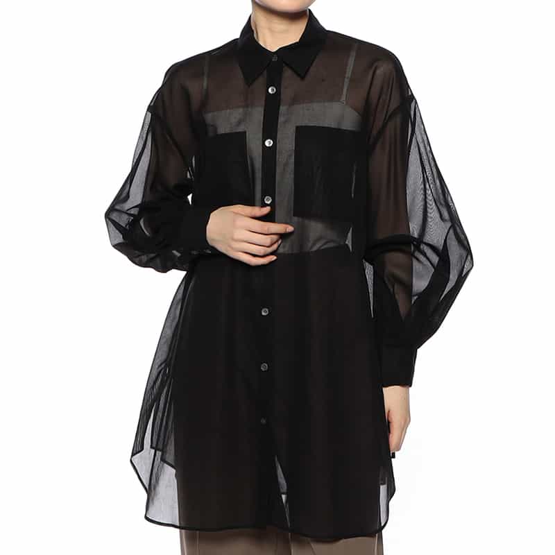 BARNEYS NEW YORK ウォッシャブル ボリュームスリーブ シアーブラウス BLACK