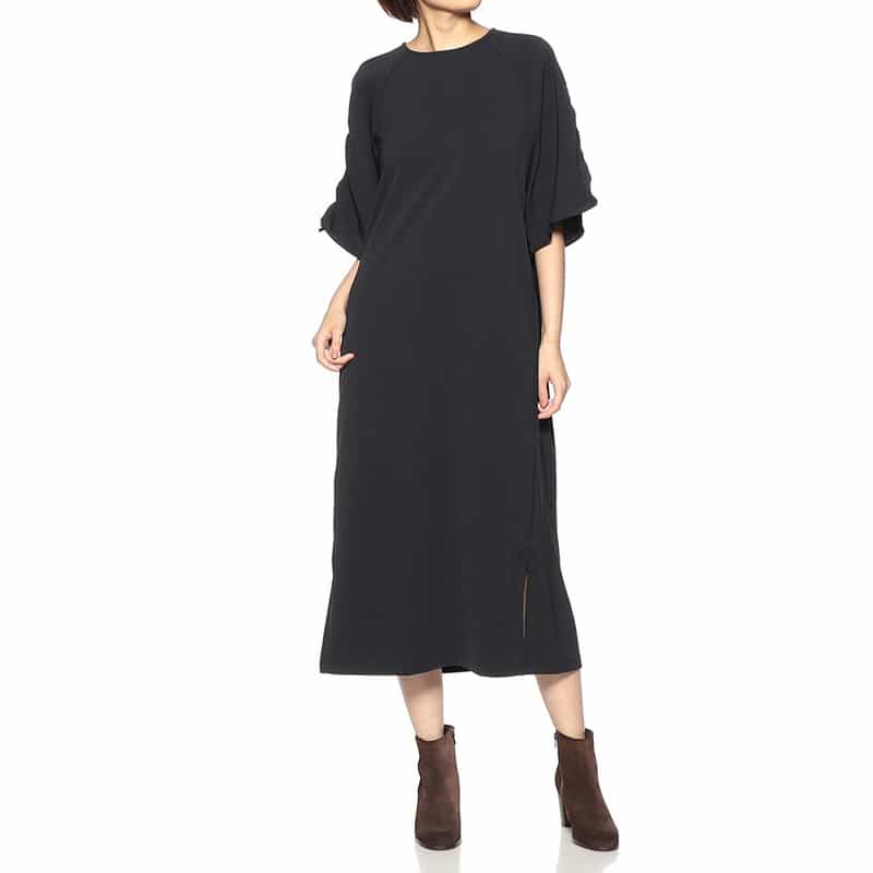 BARNEYS NEW YORK ウォッシャブル ギャザースリーブIラインドレス BLACK