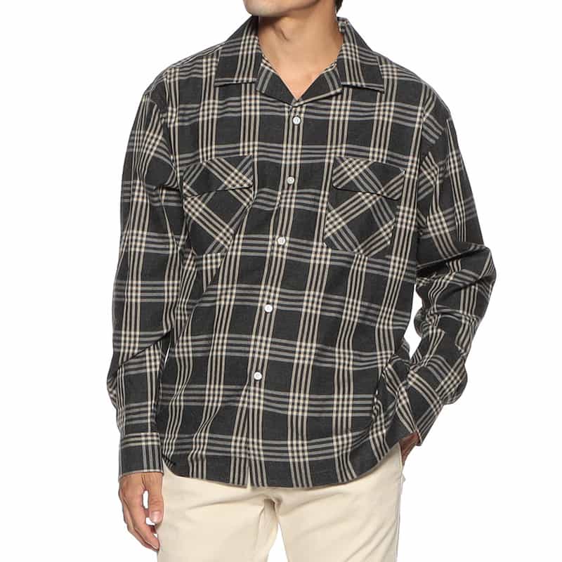 BARNEYS NEW YORK オープンカラー チェック柄シャツ GRAY
