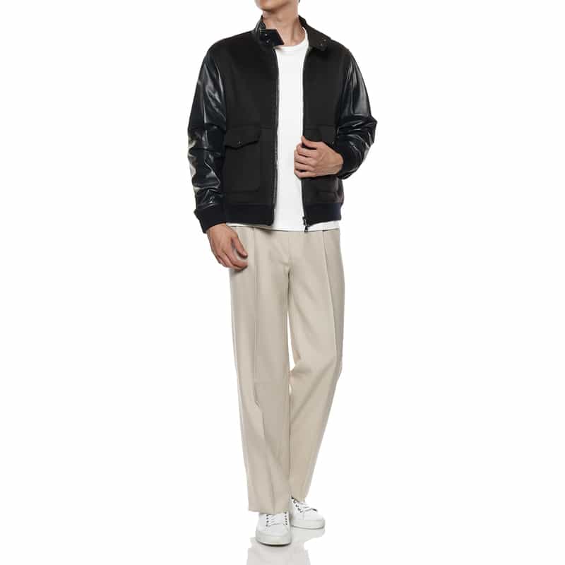 EMMETI 異素材切替スタンドカラー ジップアップブルゾン NAVY