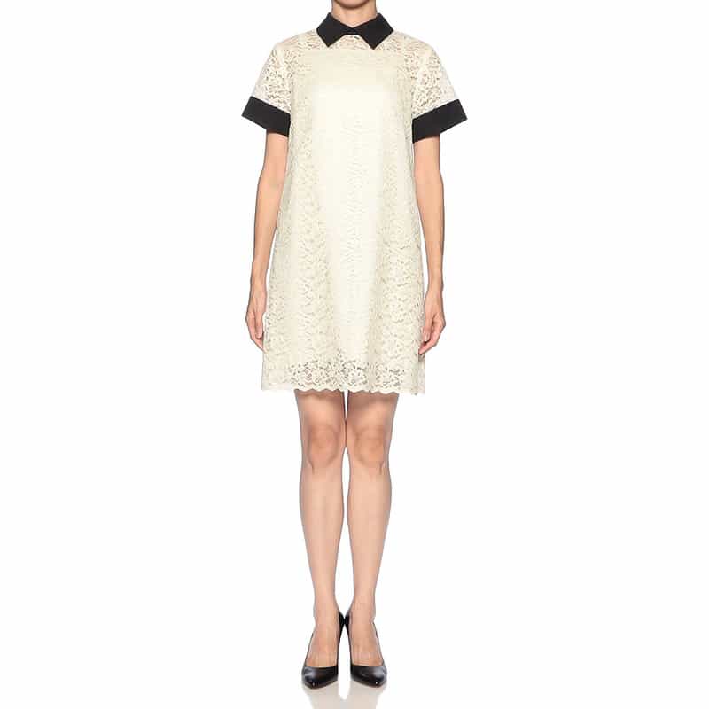 BARNEYS NEW YORK レース×サテン 襟付きミニドレス （インナードレス付き） IVORY