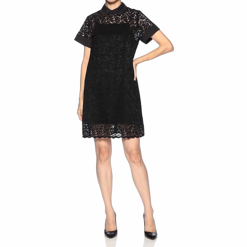 BARNEYS NEW YORK レース×サテン 襟付きミニドレス （インナードレス付き） BLACK
