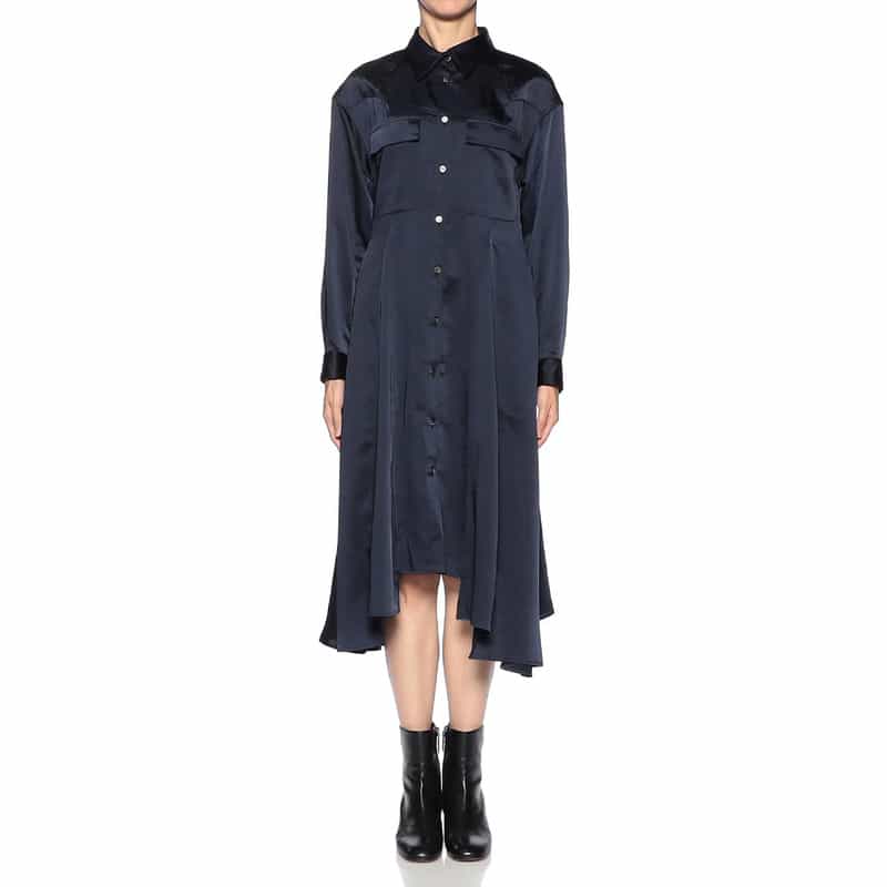 BARNEYS NEW YORK デザインヘム パネル切替 サファリシャツドレス NAVY