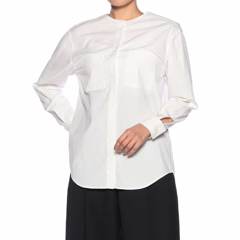 BARNEYS NEW YORK ノーカラー スリットスリーブ シャツ WHITE