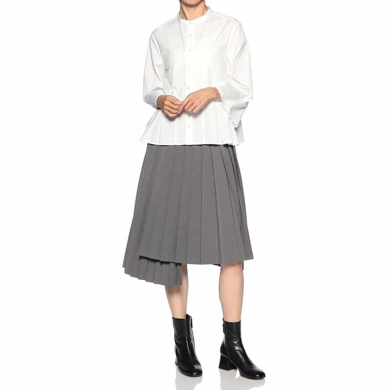 BARNEYS NEW YORK ノーカラー フロントタック ブラウス WHITE