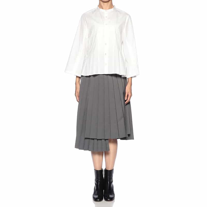 BARNEYS NEW YORK ノーカラー フロントタック ブラウス WHITE