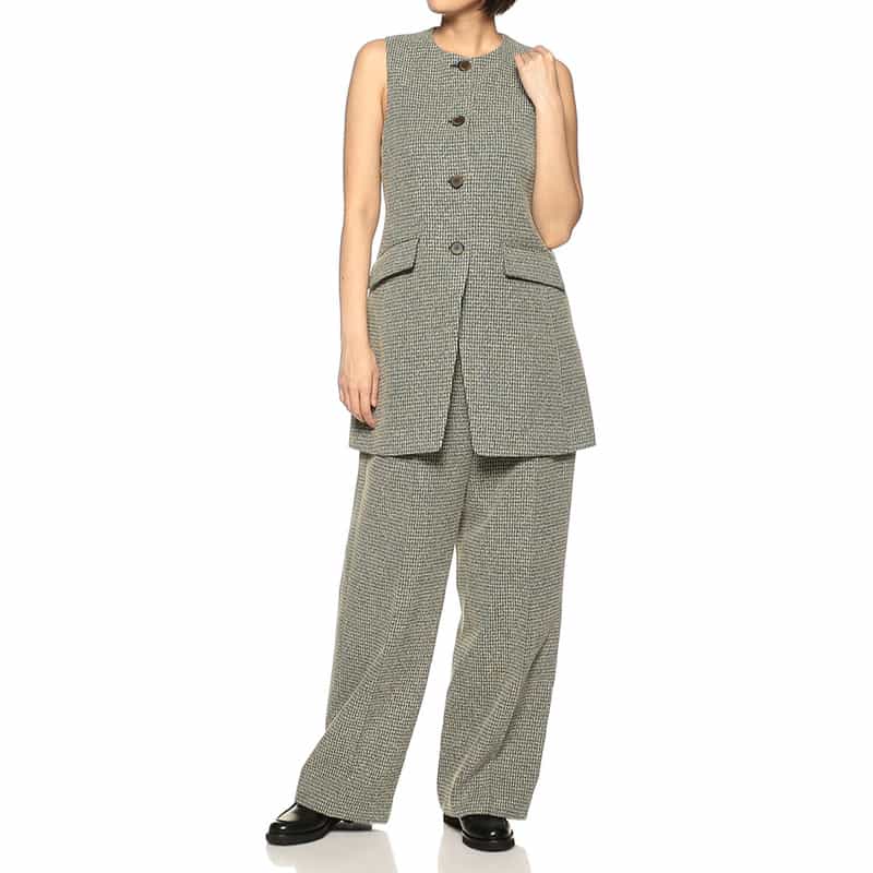 BARNEYS NEW YORK セットアップ チェック柄ツイード ワイドパンツ GREEN
