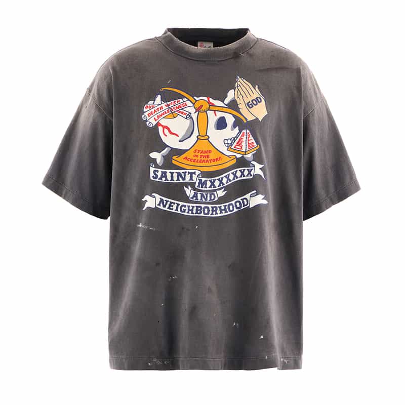SAINT MXXXXXX ヴィンテージ加工プリントTシャツ BLACK