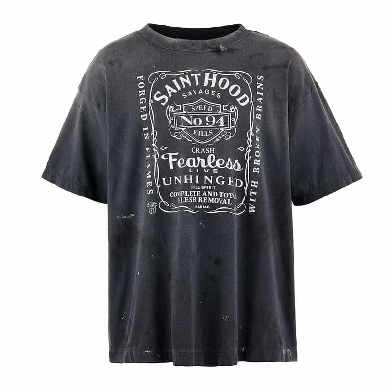 SAINT MXXXXXX ヴィンテージ加工プリントTシャツ BLACK