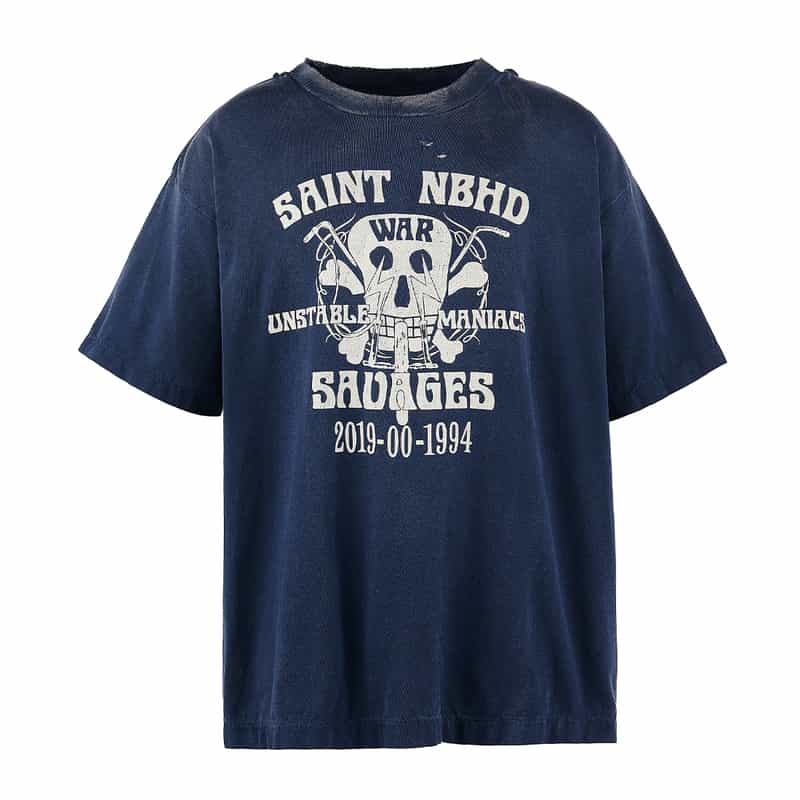 SAINT MXXXXXX ヴィンテージ加工プリントTシャツ NAVY