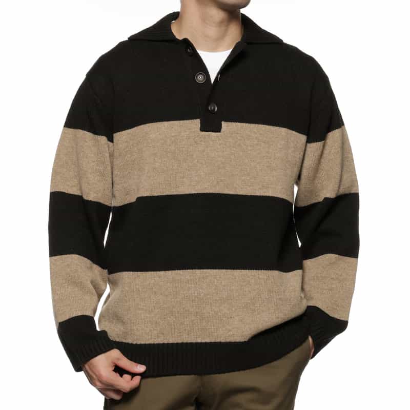 BARNEYS NEW YORK ボーダー柄ポロニットプルオーバー BLACK