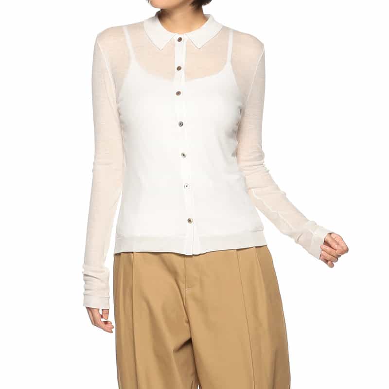 BARNEYS NEW YORK 襟付きシアーニット カーディガン WHITE