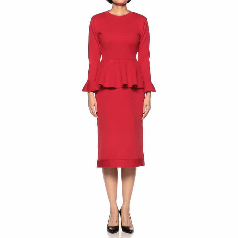 BARNEYS NEW YORK ペプラム ロングスリーブ ニット ドレス RED