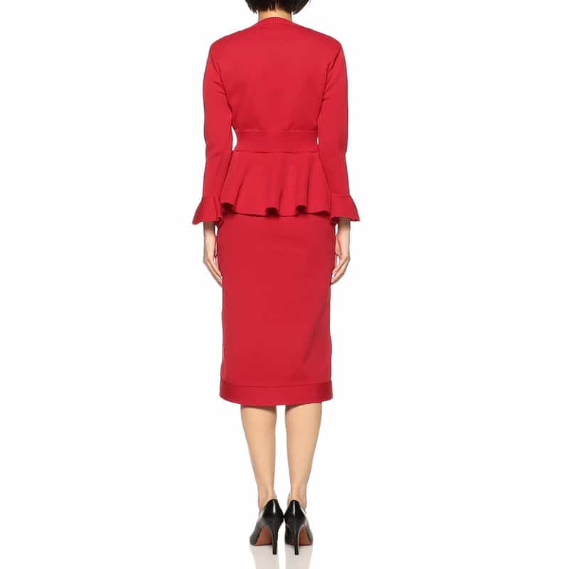 BARNEYS NEW YORK ペプラム ロングスリーブ ニット ドレス RED
