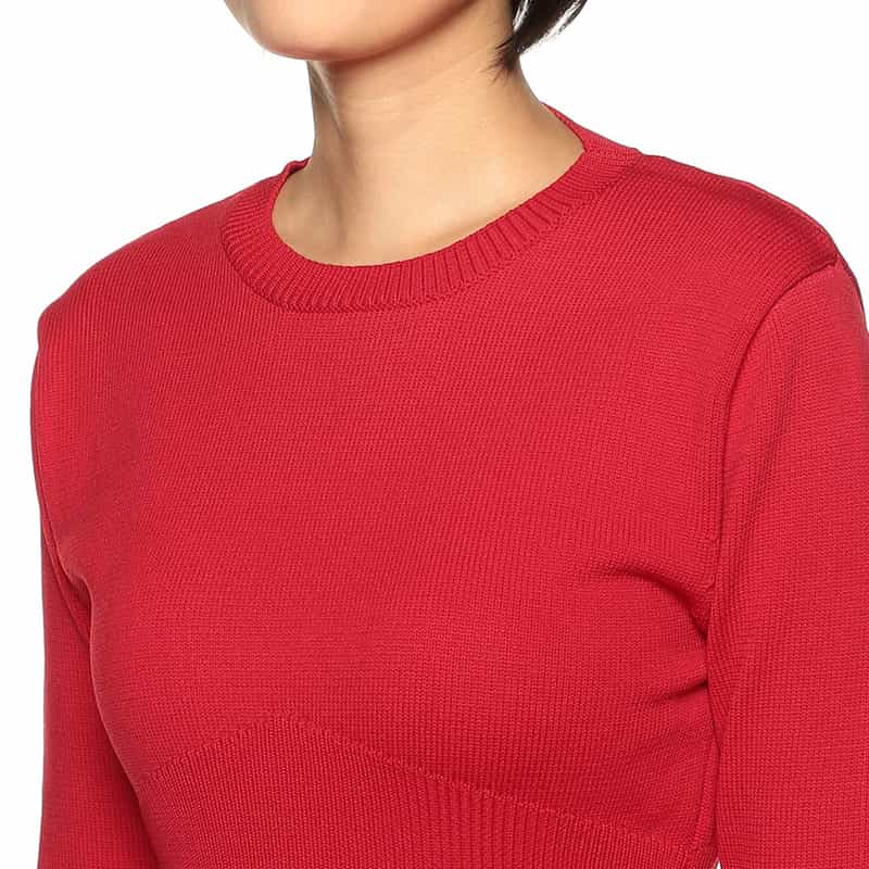 BARNEYS NEW YORK ペプラム ロングスリーブ ニット ドレス RED