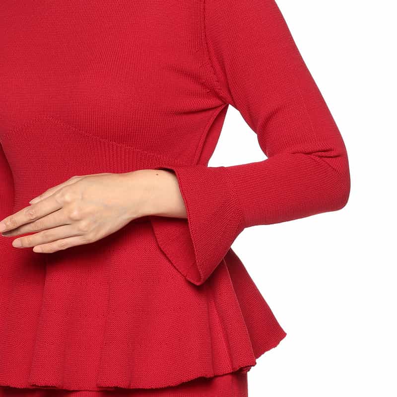 BARNEYS NEW YORK ペプラム ロングスリーブ ニット ドレス RED