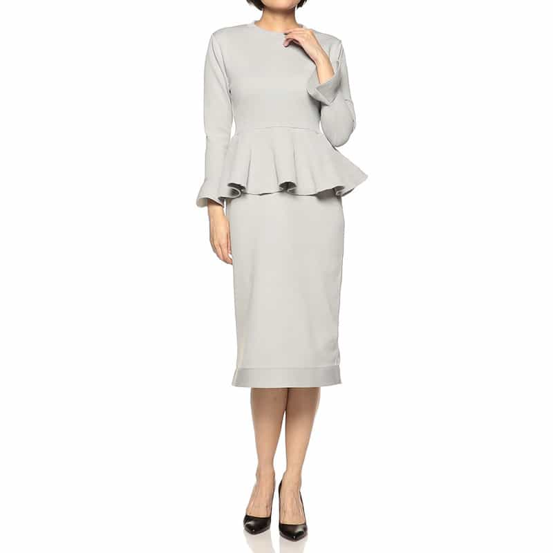 BARNEYS NEW YORK ペプラム ロングスリーブ ニット ドレス LT GRAY