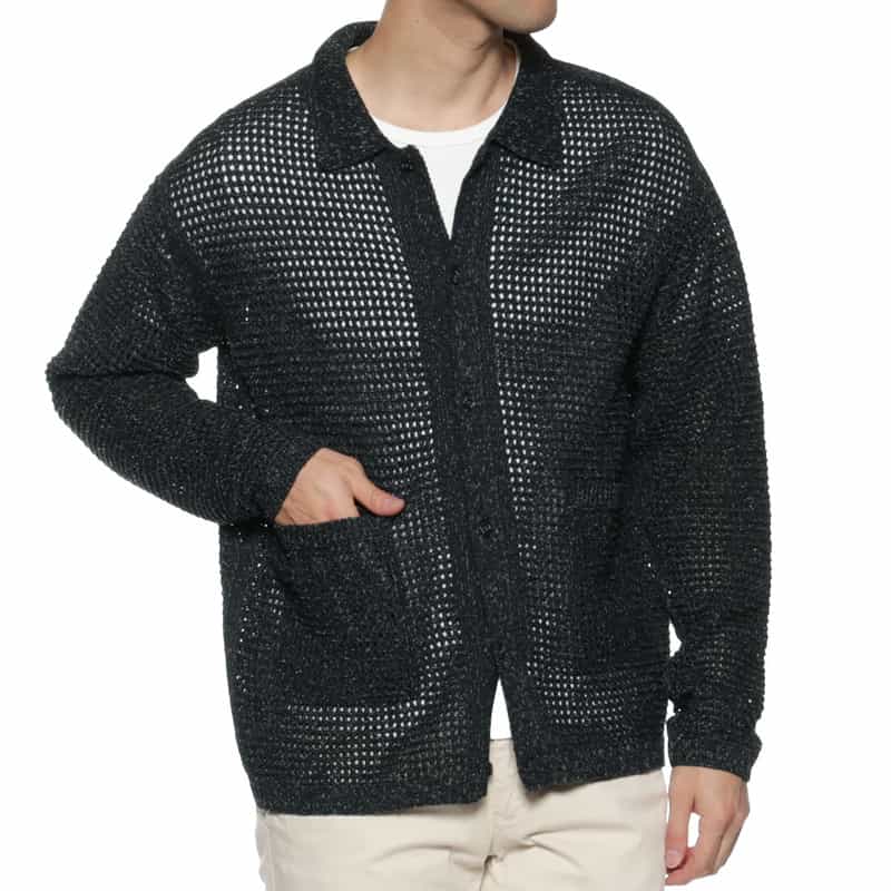 YOKE コットン素材メッシュニットカーディガン BLACK