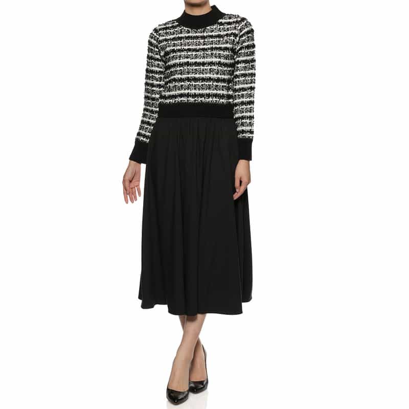 BARNEYS NEW YORK ツイード×ニットコンビネーションドドレス BLACK