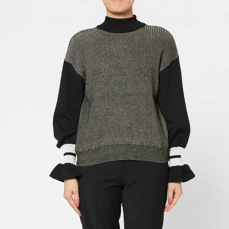 BARNEYS NEW YORK ウォッシャブル フリルスリーブ デザインニットプルオーバー BLACK