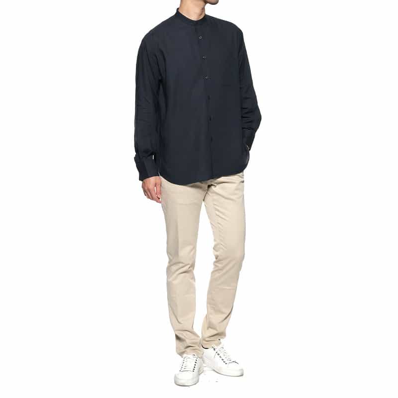 BARNEYS NEW YORK レーヨンリネン バンドカラーシャツ NAVY