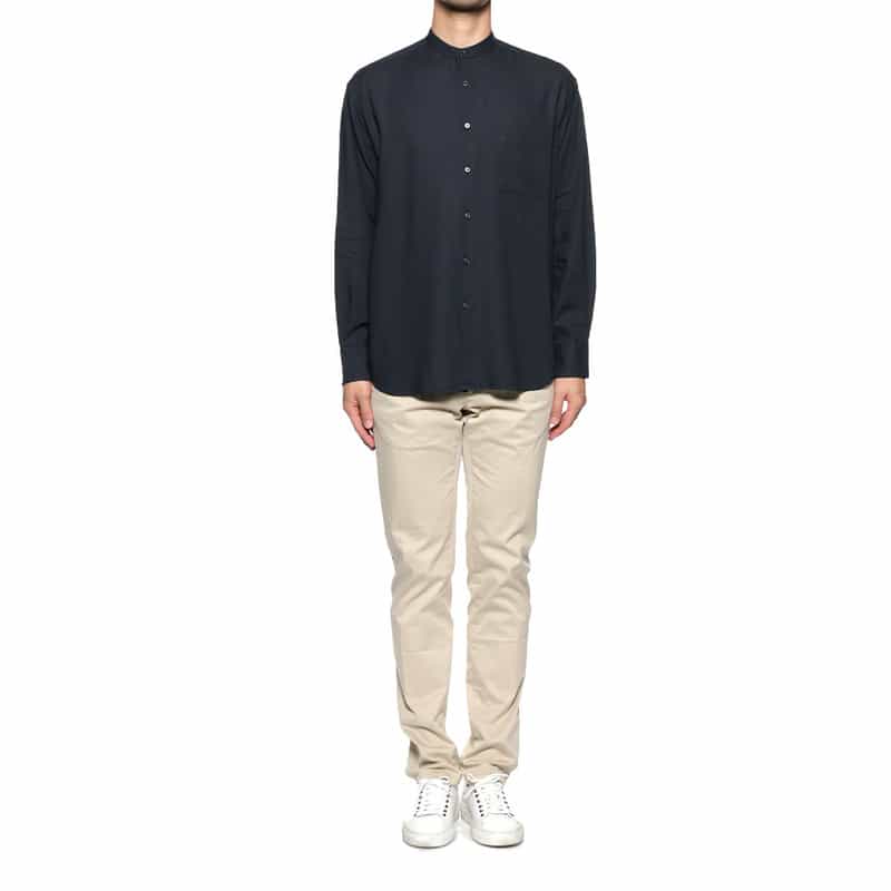 BARNEYS NEW YORK レーヨンリネン バンドカラーシャツ NAVY