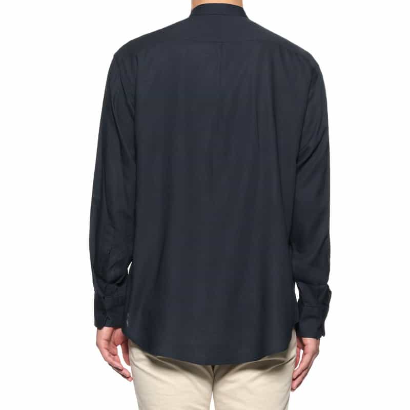 BARNEYS NEW YORK レーヨンリネン バンドカラーシャツ NAVY