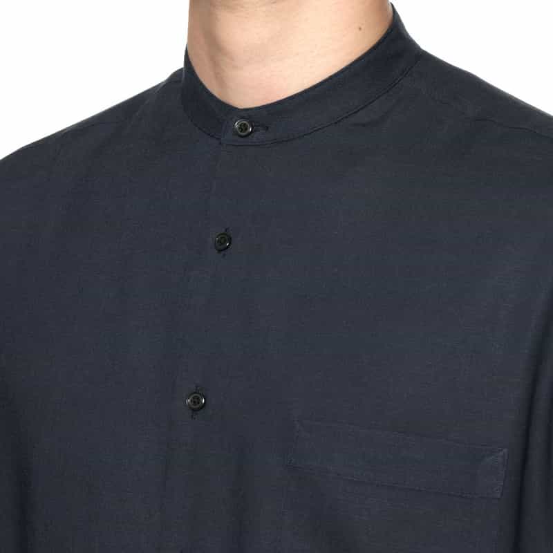 BARNEYS NEW YORK レーヨンリネン バンドカラーシャツ NAVY