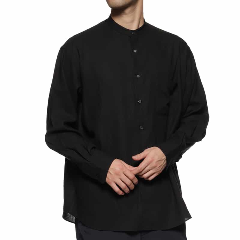 BARNEYS NEW YORK レーヨンリネン バンドカラーシャツ BLACK