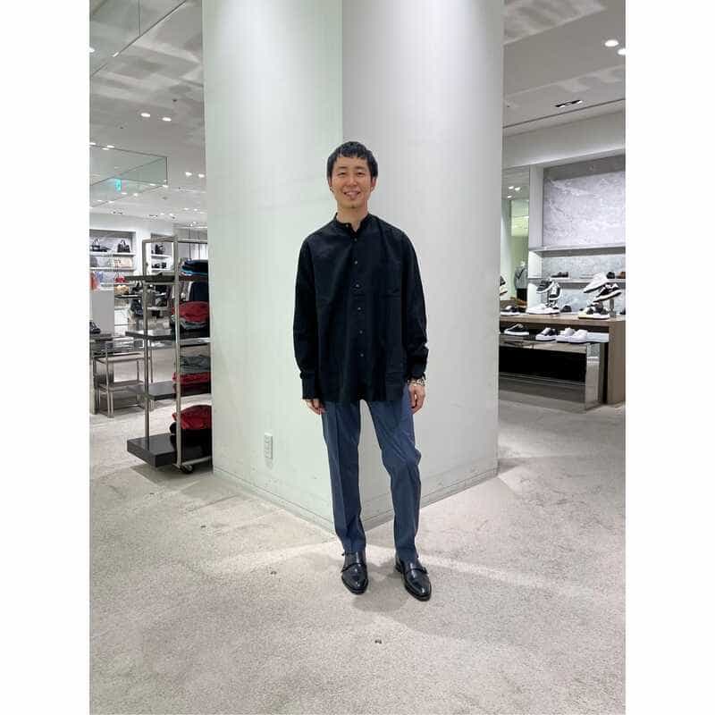 BARNEYS NEW YORK レーヨンリネン バンドカラーシャツ BLACK