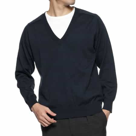 ⬜︎バーニーズニューヨーク ネイビー Vネック ニットセーター シルク×コットンVネックニットプルオーバー（2170476）｜BARNEYS