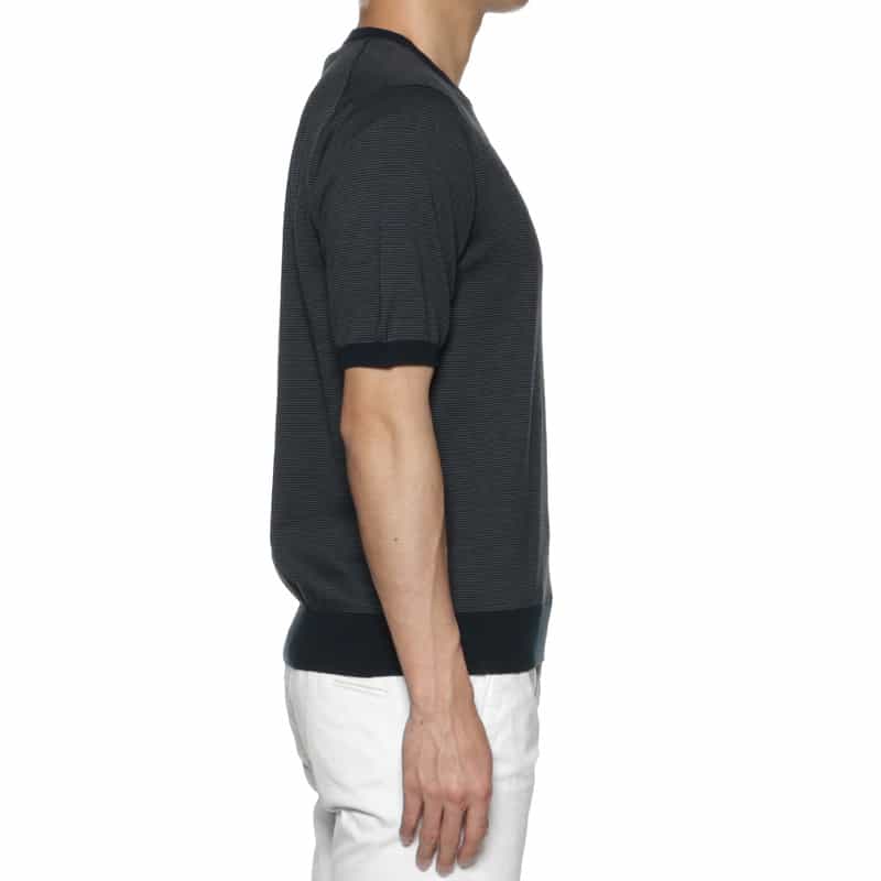 BARNEYS NEW YORK 海島綿マイクロボーダー柄ニットプルオーバー NAVY