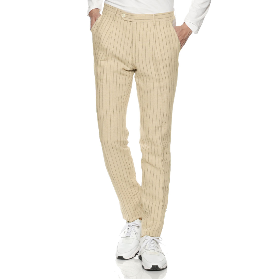 セットアップ リネン素材ストライプ柄パンツ