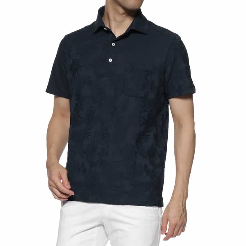 BARNEYS NEW YORK ボタニカルジャガード柄ポロシャツ NAVY