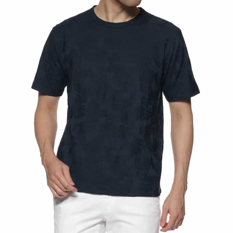 BARNEYS NEW YORK ボタニカルジャガード柄クルーネックTシャツ NAVY