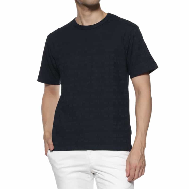 BARNEYS NEW YORK チェックジャガード柄クルーネックTシャツ NAVY