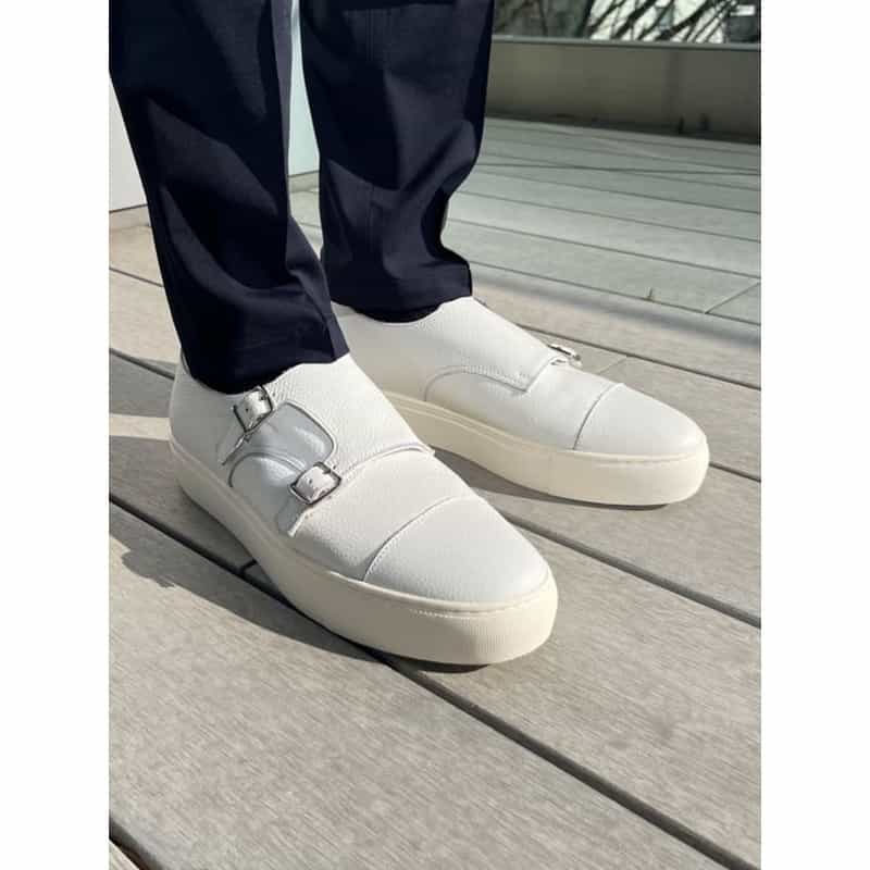 BARNEYS NEW YORK ダブルモンクストラップ レザードレススニーカー WHITE